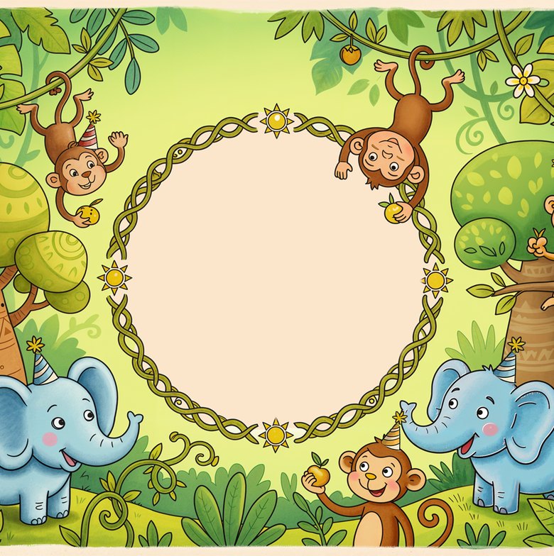 Illustration de jungle de l'invitation : des singes suspendus aux lianes, des éléphants avec des chapeaux de fête et un cercle de lianes au centre.